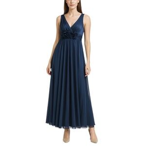 NWT Adrianna Papell Floral Waist Chiffon Maxi Dress Navy 20W Evening Gown